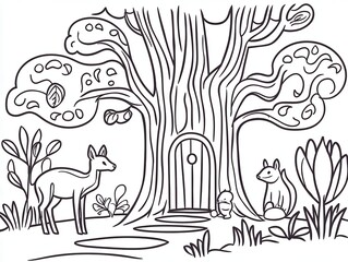 Fototapeta premium A magical woodland coloring book scene featuring an ancient tree with a glowing doorway, deer grazing nearby, and squirrels gathering acorns. Add intricate bark textures, swirling patterns on 
