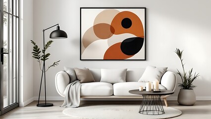 Minimalist, japandi style interior design of modern living room with a curved boucle sofa, abstract arched wall art, and bold geometric rug.