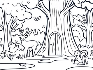 A magical woodland scene for a coloring book featuring a glowing portal in an ancient tree, deer grazing nearby, and squirrels gathering acorns. Add swirling patterns on the portal and intricate 