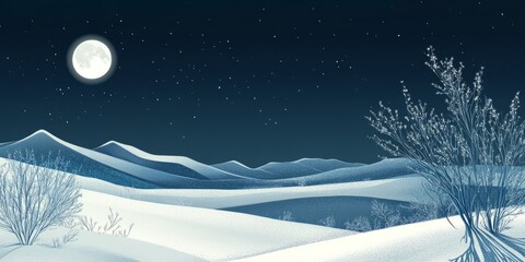 Naklejka premium Moonlit desert scene card design in silver and midnight blue