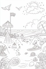 A peaceful beachside coloring book illustration featuring children building sandcastles, surfers riding waves, and seagulls flying above. Add seashells scattered on the sand, intricate patterns 