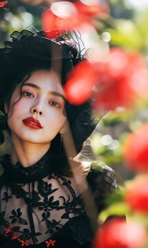 Playful sensual temptative asian woman in black lacy dress and hat turning her shoulders in a flower garden close up