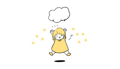 ハッピーな喜ぶ女の子とふきだしのイラスト