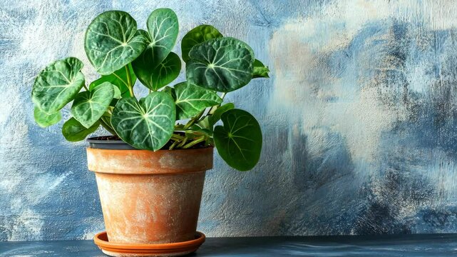 Green plant in terracotta pot on blue textured background in a cozy indoor setting during daylight