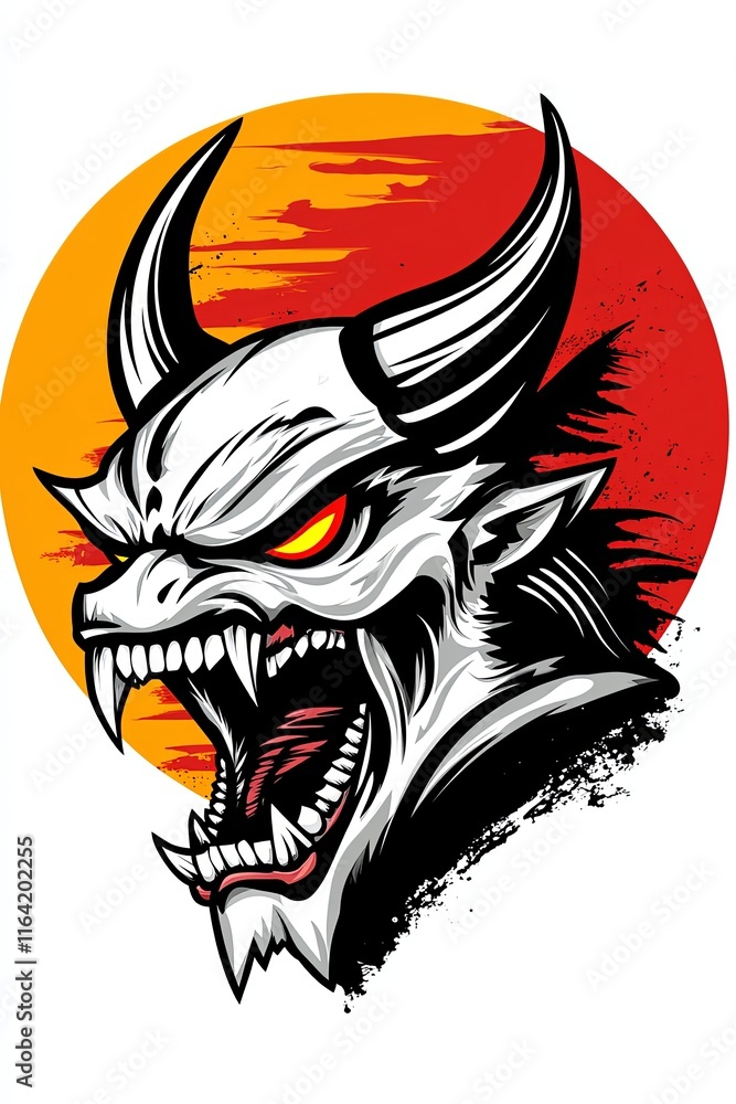 Poster Angry demonic creature head with horns, sharp teeth, and glowing eyes against a fiery orange sun.