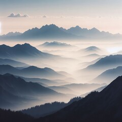 A faint outline of a mountain range in the distance with misty p
