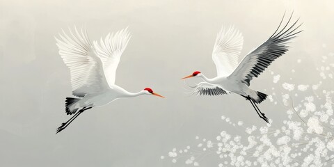 Obraz premium Japanese cranes flying in grey background aspect ratio 168