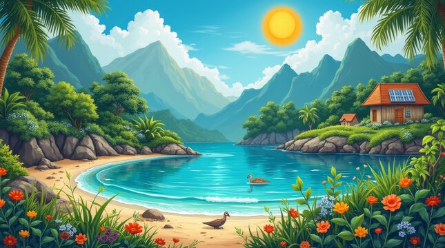 Ilustra&ccedil;&atilde;o de uma paisagem com montanhas, lago, flores e casa integrada, sustent&aacute;vel, com placa solar.