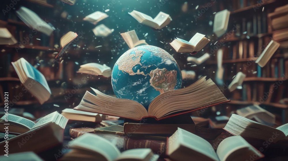 Poster open book surrounded by flying pages and globe in library setting