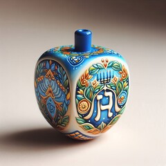 A hand painted ceramic dreidel adorned with traditional Hanukkah