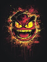 Angry red fiery cartoon face with sharp teeth and glowing eyes in an explosion of color.