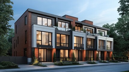 Obraz premium Modern brick townhouses at twilight.