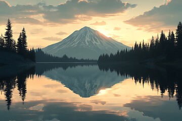 Obraz premium Majestic Mountain Reflected in Calm Lake at Sunset