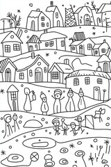 A serene winter village coloring book page featuring snow-covered rooftops, children ice skating on a frozen pond, and a horse-drawn sleigh passing by. Add tiny snowflakes falling and intricate 
