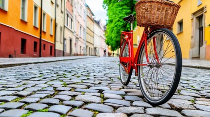 Fototapeta premium Vintage Red Bicycle on Cobblestone Street in Charming Cityscape