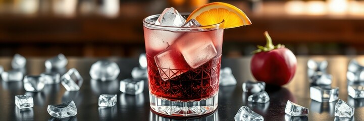 Refreshing cocktail with ice and fruit garnish on a dark wooden bar surface in a lively setting