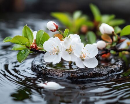 Capture the essence of Spring Tradition of Peace A tranquil ceremony by a lake, surrounded by flowering plants and soft, reflective water, with stunning blossom details, a peaceful scene, perfect for