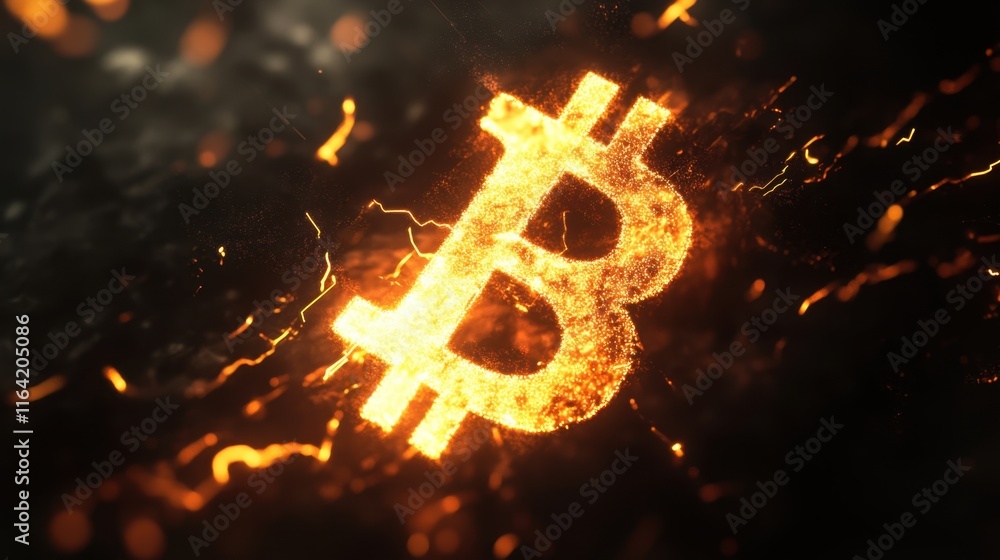 Aufkleber glowing bitcoin symbol with abstract dark background and sparks