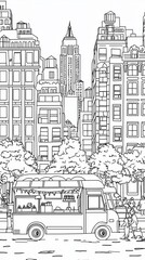 Obraz premium A vibrant cityscape coloring book design featuring tall skyscrapers, people walking dogs in a park, and a food truck selling ice cream. Add intricate details on the windows, trees, and tiny 