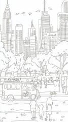 A vibrant cityscape coloring book design featuring tall skyscrapers, people walking dogs in a park, and a food truck selling ice cream. Add intricate details on the windows, trees, and tiny 