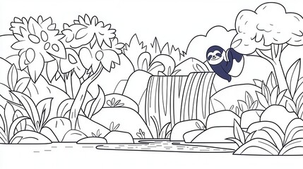 A vibrant rainforest coloring book illustration featuring a cascading waterfall, exotic birds perched on vines, and a sloth hanging from a tree. Add intricate textures on the foliage, patterns 