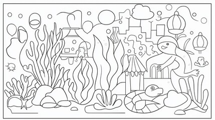 Fototapeta premium A vibrant underwater city coloring book page with mermaids shopping at coral stalls, glowing lanterns lighting the streets, and turtles swimming by. Include intricate coral designs and tiny 