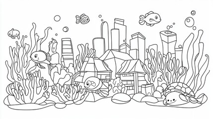 Obraz premium A vibrant underwater city coloring book page with mermaids shopping at coral stalls, glowing lanterns lighting the streets, and turtles swimming by. Include intricate coral designs and tiny 