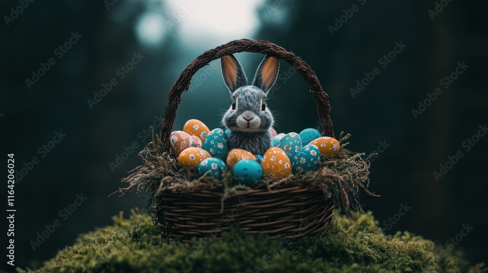 Poster Capture the magic of spring with this image of an enchanting Easter basket adorned with a bunny motif and filled with sweet candy Discover colorful Easter eggs nestled amongst soft moss and greenery