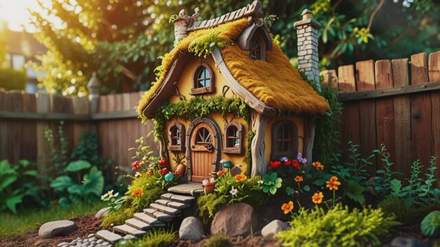 Fairy house decorated with colorful flowers, Seamless 4K looping virtual video animation background