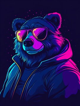 Cool bear in sunglasses and jacket, neon retro style illustration.