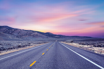 Empty rural road in Utah USA, view from road trip,	
