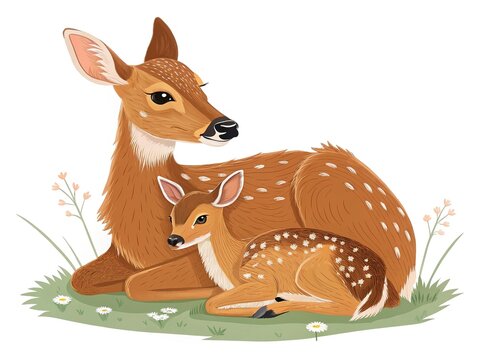 Adorable mother deer with her baby, cartoon style, isolated on a clean white background.