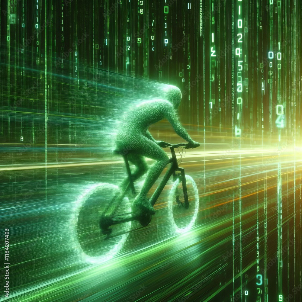 Poster slow shutter speed matrix code a trailing bike amidst green digi