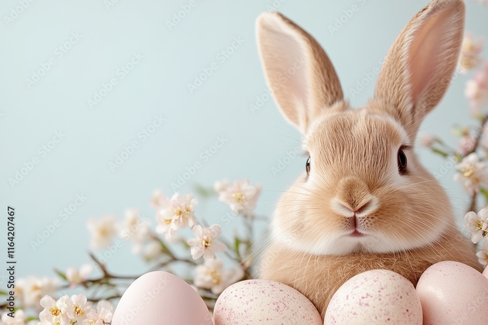 Poster delight in the magic of easter with this enchanting image featuring a fluffy bunny amidst a spring b