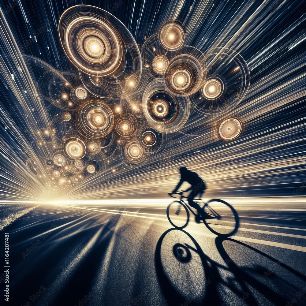 Poster slow shutter speed photogram a trailing bike with shadowy photog