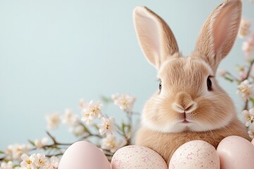 Obraz premium Delight in the magic of Easter with this enchanting image featuring a fluffy bunny amidst a spring bloom Discover a pastel dreamscape of Easter Bunny Eggs Whimsical The sweet bunny sits surrounded by