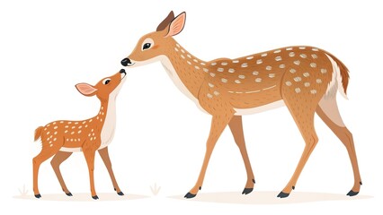 Cartoon illustration of a mother deer and her baby, sweet and gentle, on a white background.  