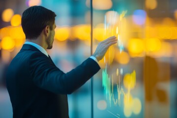 Man in suit touching holographic charts in a sophisticated office