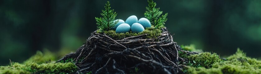Obraz premium Discover a hidden nest of vibrant blue eggs tucked away among the gnarled roots of ancient trees in a peaceful nature reserve during springtime A stunning image capturing the essence of nature's