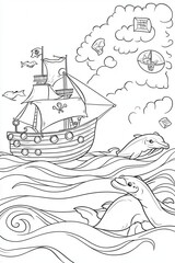 A whimsical pirate-themed coloring book page featuring a pirate ship sailing through stormy seas, treasure maps scattered on the deck, and dolphins jumping in the waves. Add intricate patterns 