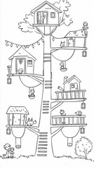 Fototapeta premium A whimsical treehouse village coloring book scene with rope bridges connecting the houses, children playing outside, and lanterns lighting the paths. Add intricate details on the wood textures 