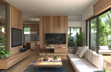 modern living room with kitchen