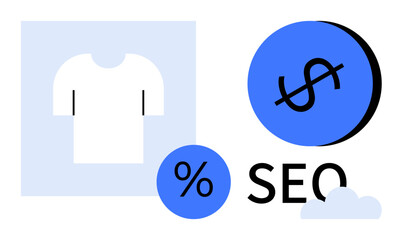 T-shirt icon, dollar symbol, percentage symbol, SEO text, and a small cloud. Ideal for online retail, sales growth, digital marketing, profitability search engine optimization economic trends