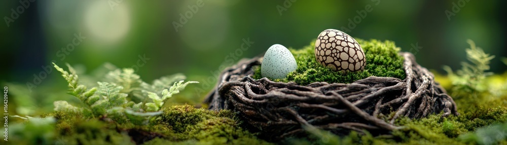 Poster discover the magic of spring with this captivating image of eggs hidden among the roots of ancient t