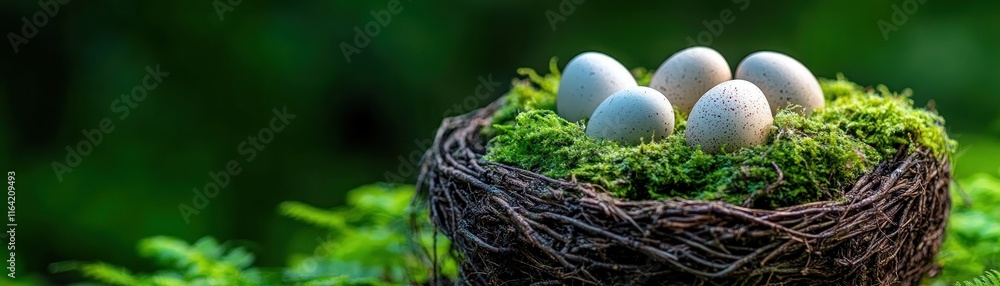 Poster discover the wonder of spring with this image featuring eggs hidden among the roots of ancient trees