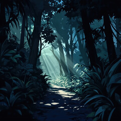 dark jungle, anime style, cartoon style, low light, shadowy forest, mysterious atmosphere, dark blue tones, green foliage in the background, narrow path through dense vegetation