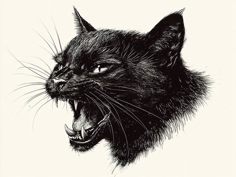 Fierce black cat face hissing, realistic and mysterious, isolated on a white background.  