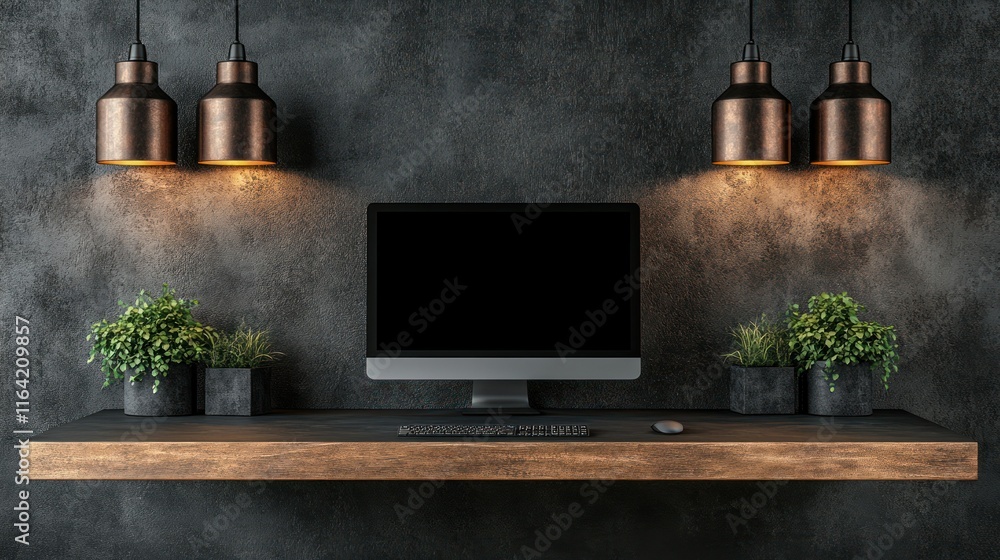 Poster modern workspace with computer and plants on shelf.