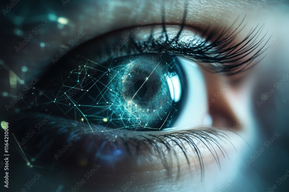Poster eye reflecting a digital cosmos with intricate patterns and glowing elements
