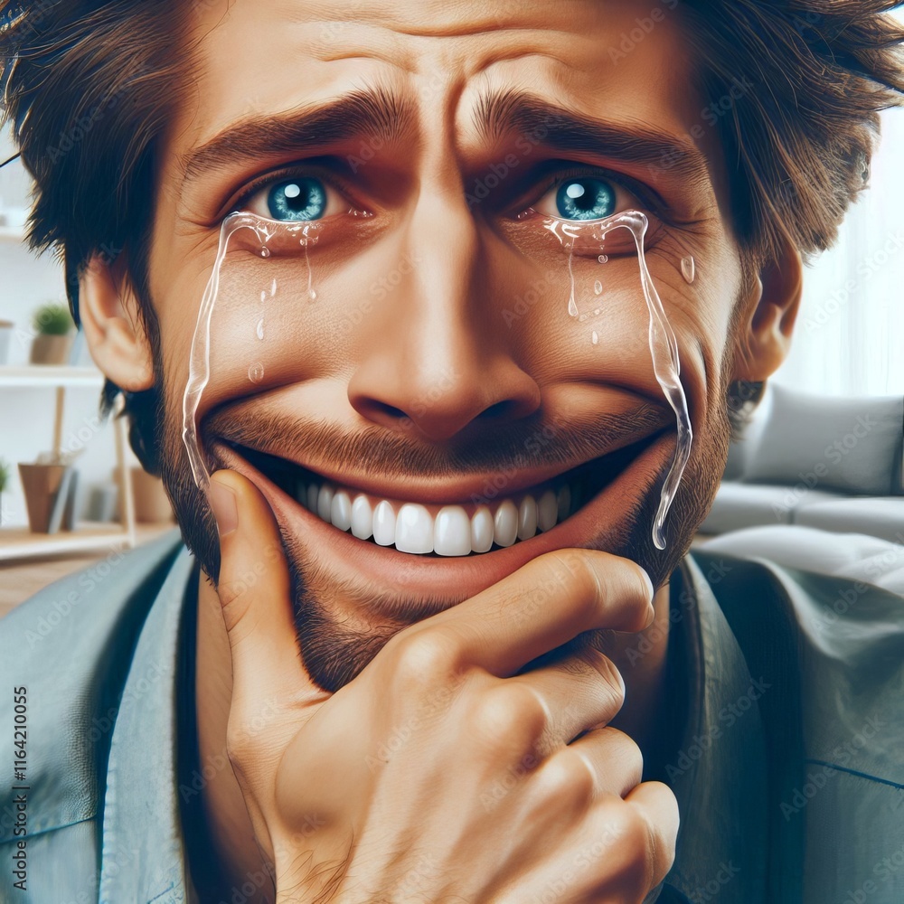 Poster smiling while crying a bittersweet expression with tears and a s